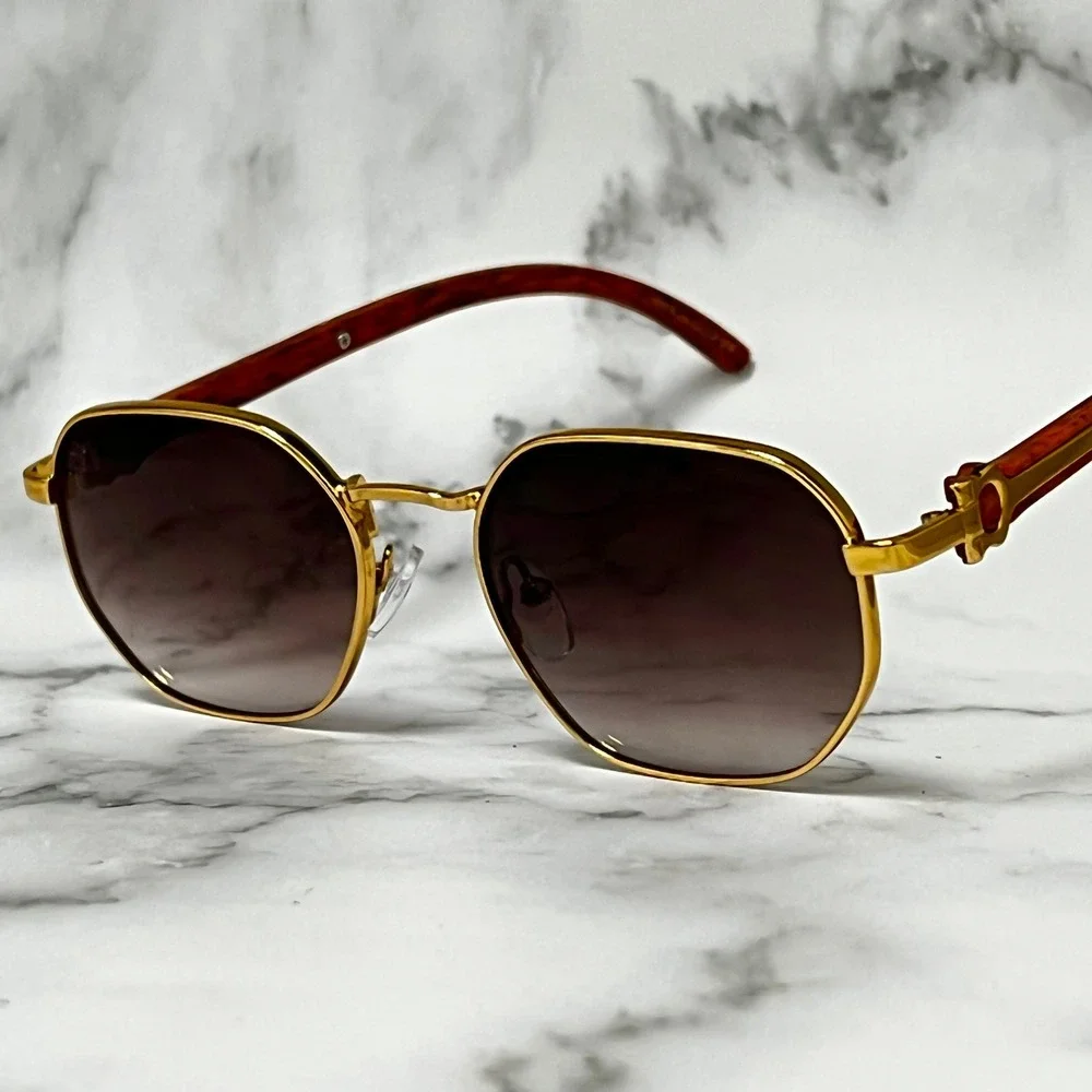 Men Sunglasses Fashion Designer Brown Lens Gold Octagon Wood Arms Street‎ Wear
